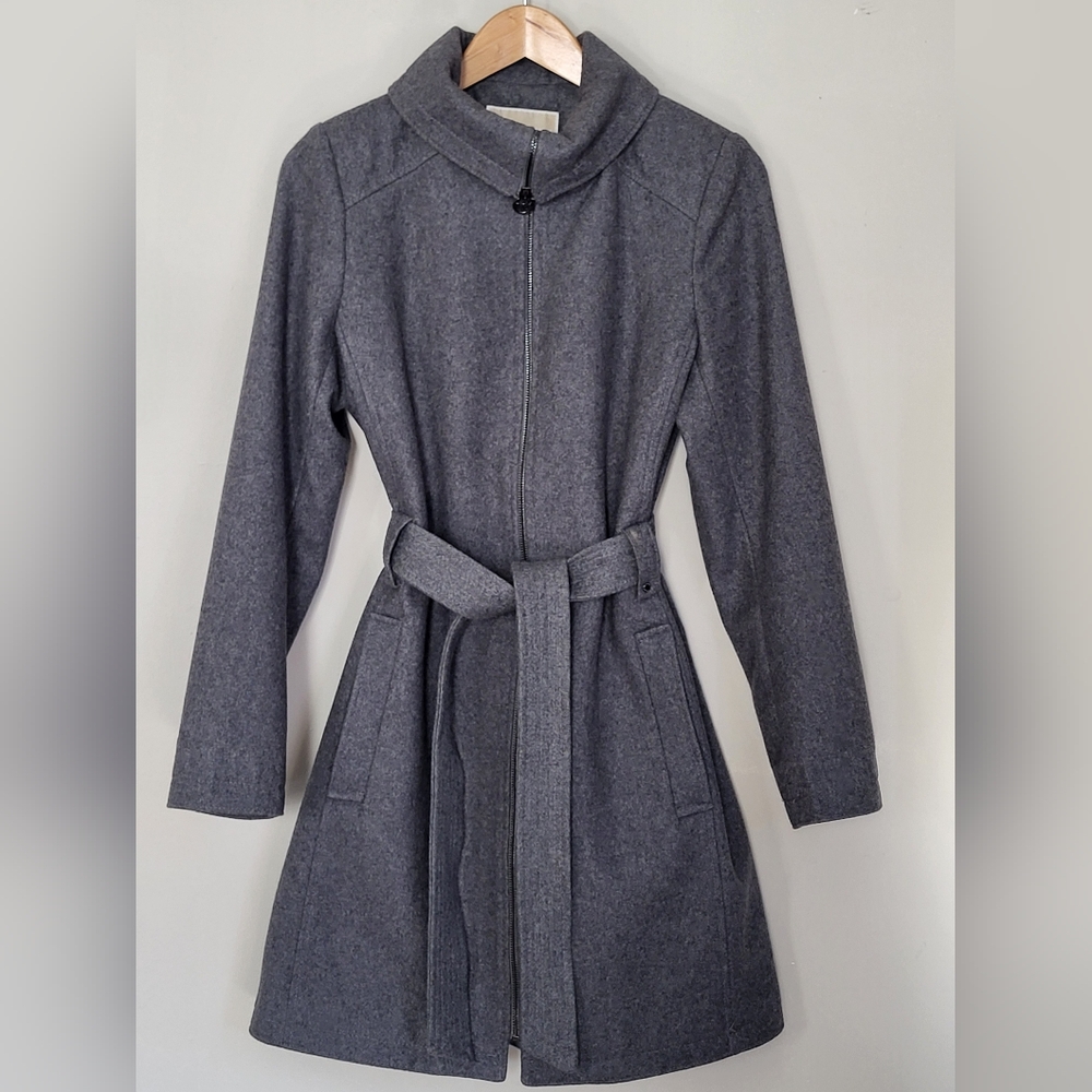 Gray Michael Kors Zippered Belted Wool Coat S
